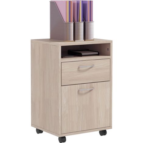 Caisson de bureau roulant avec tiroir et espace de rangement pour dossiers suspendus, dimensions 40x35x60 cm, finition chêne (1/5)
