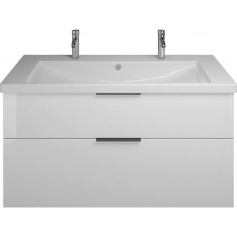 Burgbad Eqio Keramik-Doppelwaschtisch mit Unterschrank, 2 Auszüge und Griffleiste Weiß Hochglanz/Alpinweiss 123 cm Schwarz matt (1/3)
