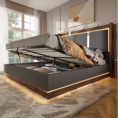 REDOM cama tapizada (209x196x110 cm), LED integrada, almacenaje hidráulico, con somier, lino gris y madera color nogal (1/5)