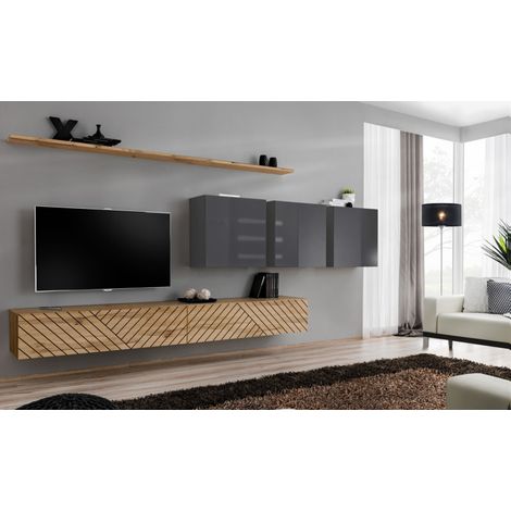 Ensemble de 7 meubles muraux "Switch VII " pour TV en bois - Beige et Gris - L 340 x H 150 x P 40 cm - Livraison gratuite