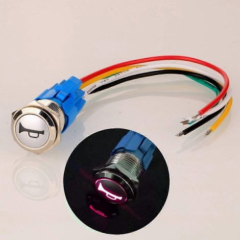 Interrupteur à bouton-poussoir momentané étanche en métal avec LED rouge, pré-câblé 16 mm, 12-24 V/5 A (1/5)