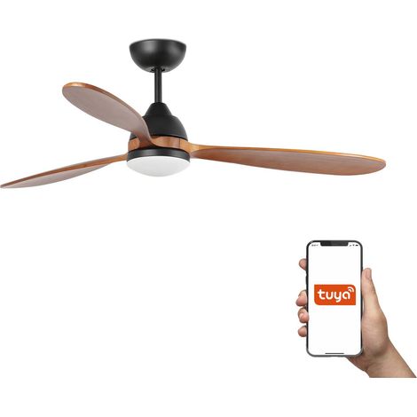 Faro Poros Grand ventilateur de plafond à 3 pales, noir mat, noyer, avec éclairage 2 700 K, système intelligent Tuya (1/2)