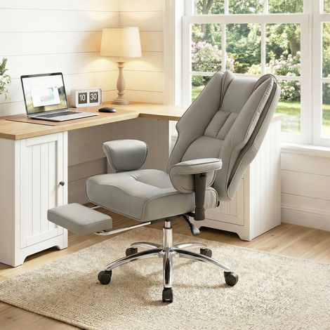 Ergonomischer Bürostuhl mit Liegefunktion, Fußstütze, hoher Rückenlehne und verstellbarer Höhe, hellgrau (1/5)