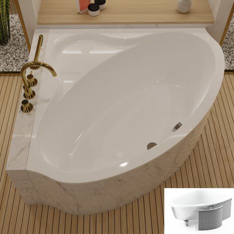 ECOLAM Baignoire d'angle Bala 140x140 cm avec surface antidérapante + revêtement en polystyrène  siphon pieds + silicone  baignoire avec assise  Set complet (1/5)