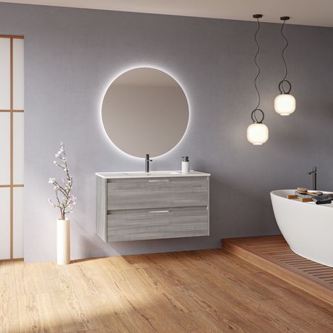 SUKI 100 Meuble simple vasque avec deux tiroirs, effet Gris sablé Il comprend la vasque en céramique. (Sans miroir)