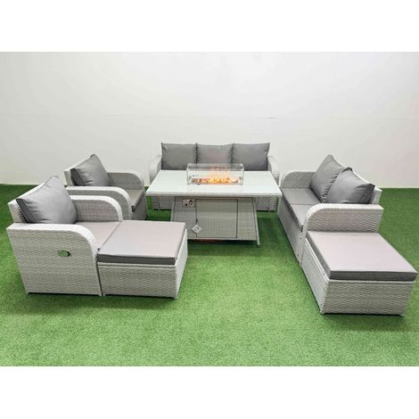 Fimous PE Rattan Garden Furniture Set Reclining Chair Sofa Double Love Seat 2 Seater Sofa Lounge Set Firepit Dining Table 2 Big Footstool Light Grey (1/4)