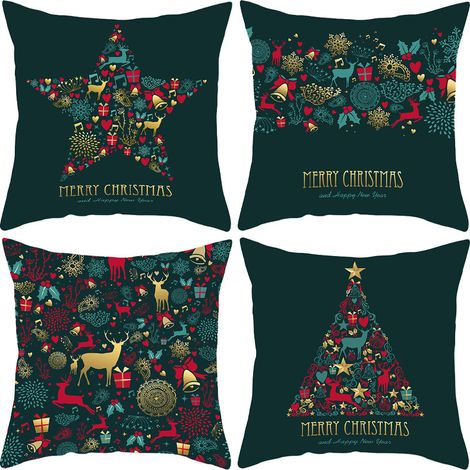 Lot de 4 housses de coussin pour canapé, 45x45 cm, taie d'oreiller en lin, housse de coussin décorative renne flocon de neige sapin de Noël, décoration de la maison (1/5)