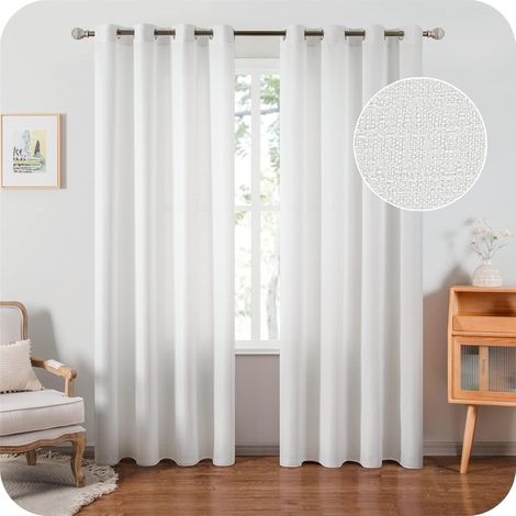 Rideaux Voile en Lin 140x225 cm Grain Fin Décoratif Salon Rideau Voilage Chambre pour Fenêtre Semi- Opaque à Oeillets Decor Cuisine,2 Panneaux Blanc