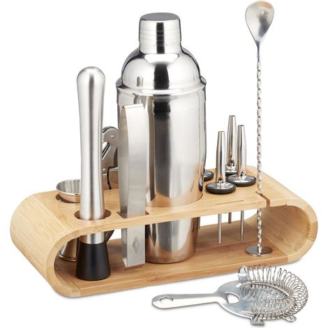 Relaxdays Set da Cocktail, 11 Accessori per Barman, Kit con Supporto, Shaker, Misurino, Pinza Ghiaccio, Argento Naturale