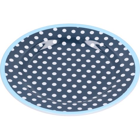 Assiette plate décorative réutilisable de 23 cm en imitation porcelaine, légère, pour gâteaux et fruits, à pois bleu foncé (1/5)