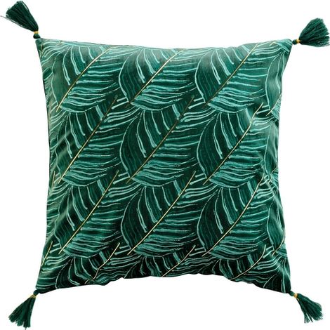 Coussin déhoussable en velours avec pompons et motif feuille de palmier Palmina - Vert - 40 x 40 cm - Livraison gratuite (1/4)