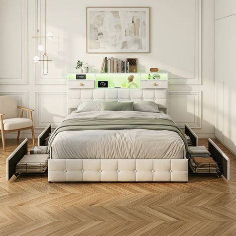 Cama doble 140x200 con somier, cabecero con 2 cajones, USB y LED, 4 cajones de almacenamiento, terciopelo, beige (1/5)
