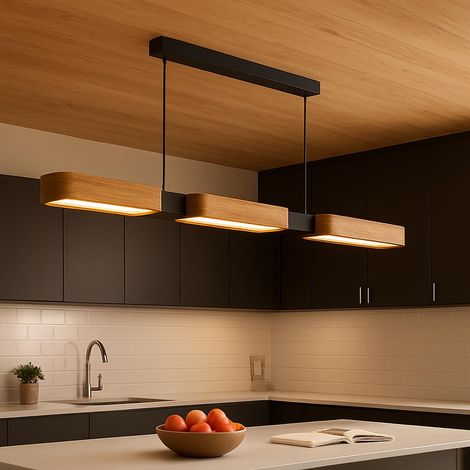 Suspension luminaire bois design moderne - LED 25W 90cm 3000K à 6500K télécommandable - Cuisine chambre salon salle à manger (1/5)