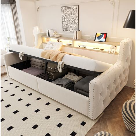 Letto divano 90x200 cm in velluto beige, con contenitore per camera, senza materasso - FLORAGRACE (1/5)