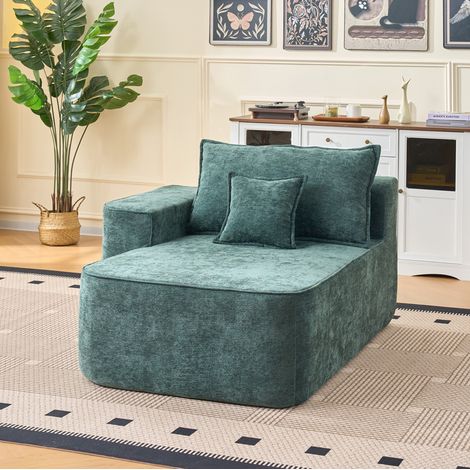 Chaise longue 105 cm verde en chenilla con cojín, bolsillos laterales y sin montaje (1/5)