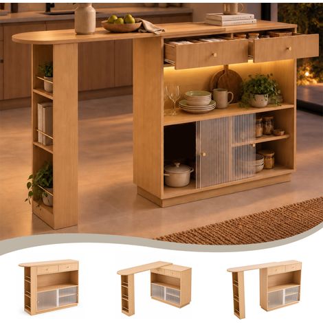 Îlot de cuisine, rotation à 360°, éclairage LED, 120 x 30 x 100 cm, panneaux de particules, chêne (1/5)