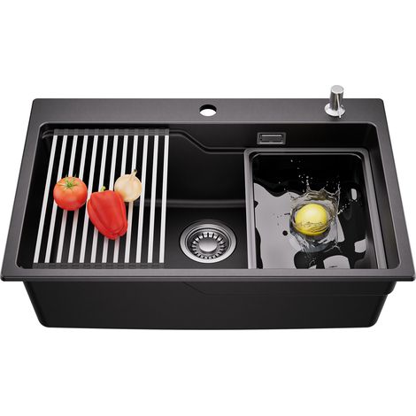 CECIPA MAX Granitspüle 70 x 46 cm Küchenspüle – Aufsatzspüle Küche mit Beckeneinsatz, Rollmatte & Seifenspender – Quarz-Spüle mit 2-Stufen-Becken, Siphon, Überlauf (1/5)