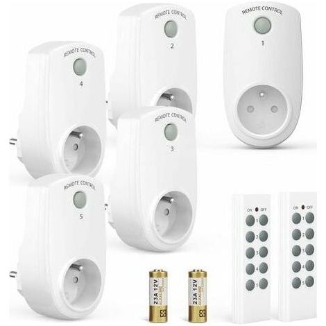 Lot de 5 prises télécommandées sans fil – Portée 30m – 2 télécommandes incluses – Interrupteur on/off – Boîtier en ABS (1/5)