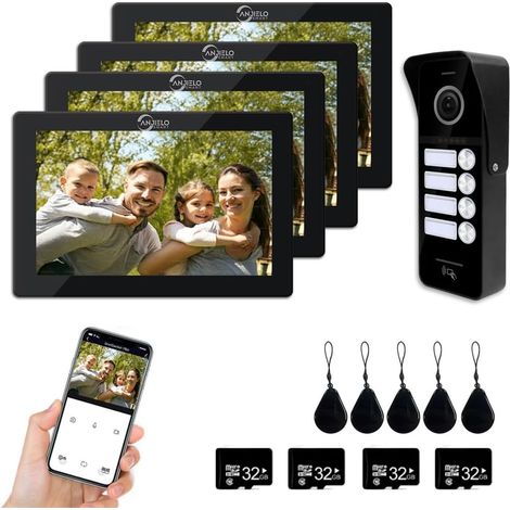 Interphone vidéo 1080P (Sonnette Filaire), Sonnette pour 4 familles, écran Tactile de 7 Pouces, déverrouillage Possible, interphone bidirectionnel (Noir)