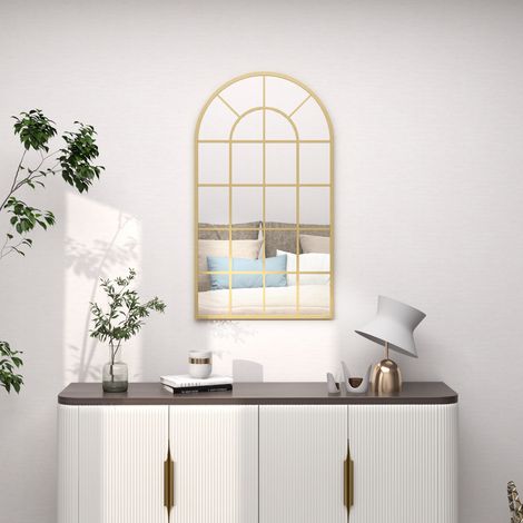 Specchio con finestra ad arco in vetro in stile industriale, cornice in metallo, 110 x 65 cm, oro