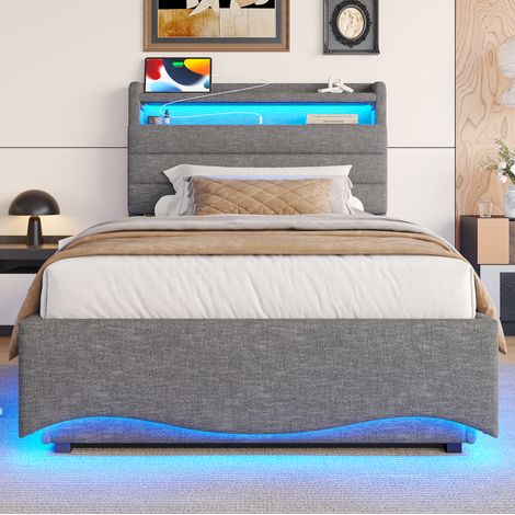 letto letto 90x200 contenitore LED lino grigio OKMYHOME