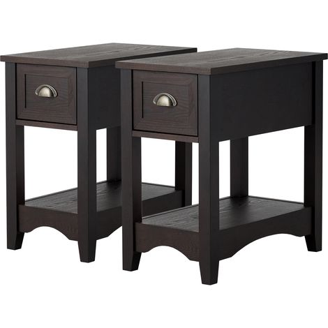 Set 2 tavolino da divano con 1 cassetto e 1 ripiano, Comodini rettangolari in legno massello da soggiorno Marrone scuro (1/4)