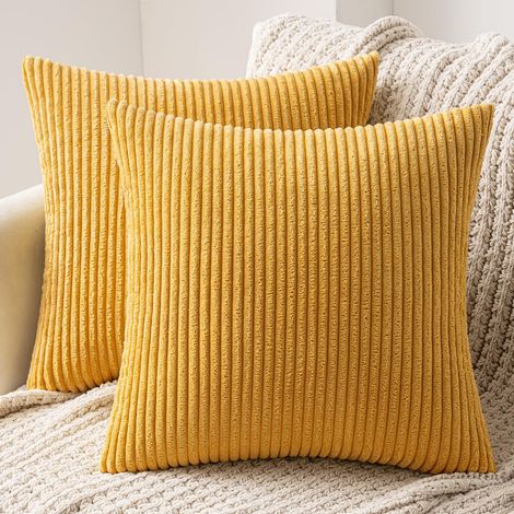 JSSEVN - Set of 2 Decorative Corduroy Cushion Covers, Soft Decorative Sofa Pillowcases for Home, Living Room, Bedroom, Bed, 45x45CM, Ginger Yellow (1/5)
