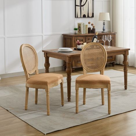 Sillas de comedor de estilo francés, estructura de madera maciza, tapicería de lino y respaldo de ratán, juego de 2, color beige, DE1843TN (1/5)