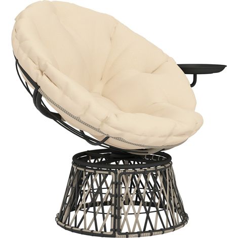 Papasansessel Rattan 360° drehbar Korbsessel mit Kissen Durchmesser 90 cm runder Outdoor Rattansessel Drehsessel Loungesessel Liegesessel für Wohnzimmer Garten Balkon Beige