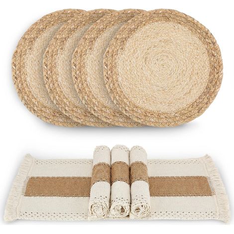 Lot de 4 napperons bohème faits main en jute et paille d'eau, style ferme. (1/5)