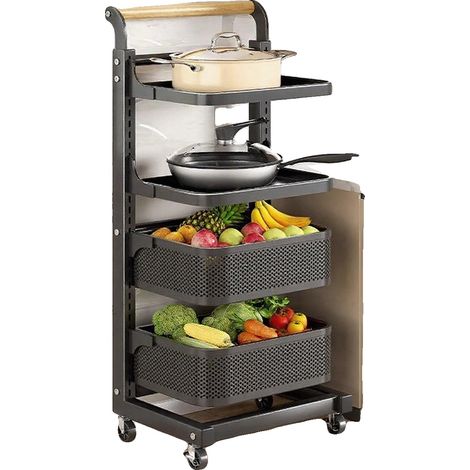 Chariot de rangement pour fruits et légumes, organisateur à 4 niveaux, design mobile, noir (1/2)