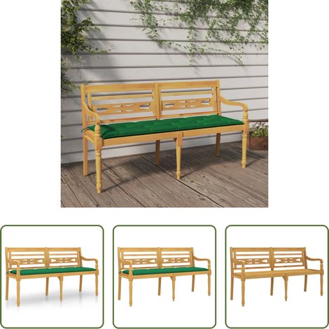 vidaXL Holzbank - Batavia-Bank mit Grünem Kissen 150 cm Massivholz Teak (1/5)