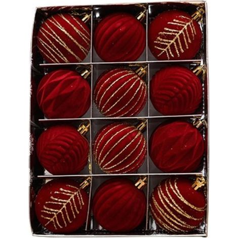 Lot de 12 boules floquées velours vintage rouge or décoration sapin de Noël floqué bordeaux, grandes boules décoratives incassables à suspendre pour guirlandes de Noël (1/5)