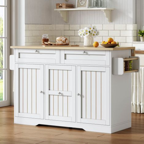 Îlot central cuisine mobile 120x45x92 cm avec plateau extensible, desserte roulante avec rangement multifonction, 2 tiroirs, tiroirs verticaux, étagères épices et porte-serviettes (1/5)