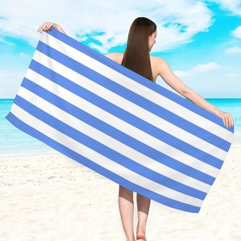 1 toalla de playa de microfibra, Secado rápido y resistente a la arena, Toalla de playa de 150x75cm, Compacta y ligera, Blanca y azul, vegetal (1/5)