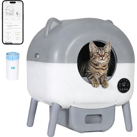 Bac Litière pour Chat Autonettoyant 66L, Maison de Toilette Connectée, Capteurs, Anti-pincement, App et 6 Lumières, Gris Clair (1/5)