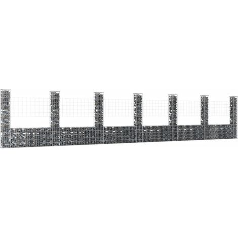 Panier de gabion Clôture de jardin Mur en Gabion Cage à Pierres de Jardin décoratif en forme de U avec 7 poteaux Fer 740x20x150 cm DBEB4909460 (1/5)