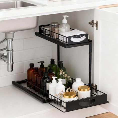 Rangement sous Evier en Métal, Organiseur de Cuisine à 2 Niveaux avec Tiroir de Rangement Coulissant, Ventouses Améliorées pour La Cuisine, Salle de Bain (1/5)
