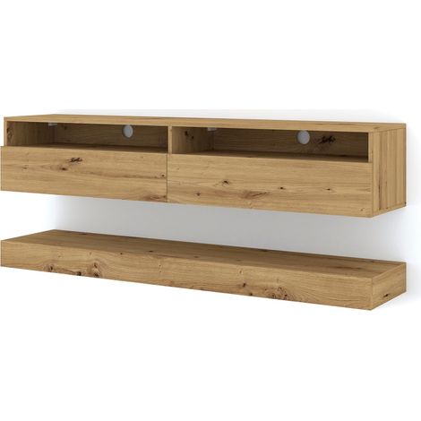 Bim Furniture – Meuble TV suspendu et au sol 160 cm – Panneaux stratifiés 16 mm – 2 compartiments fermés et 2 étagères ouvertes – Coloris chêne