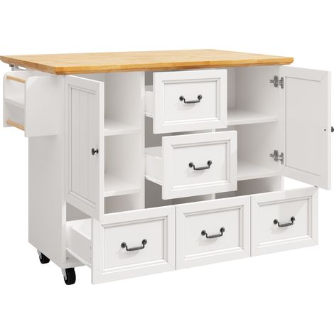 Isola cucina mobile 120x73x93 cm in MDF e metallo bianco con ruote e piano ribaltabile (1/5)