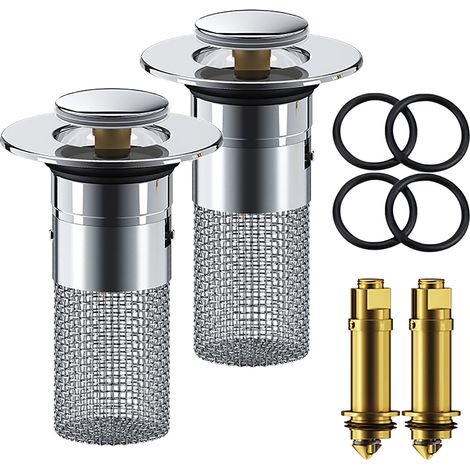 Bouchon D Évacuation De Lavabo - Filtre En Acier Inoxydable 304 - Mécanisme À Rebond Avec Noyau En Laiton - Adaptateur En Caoutchouc 34 mm Et 40 mm - Pour Lavabos Et Baignoires - Lot De 2 (1/5)