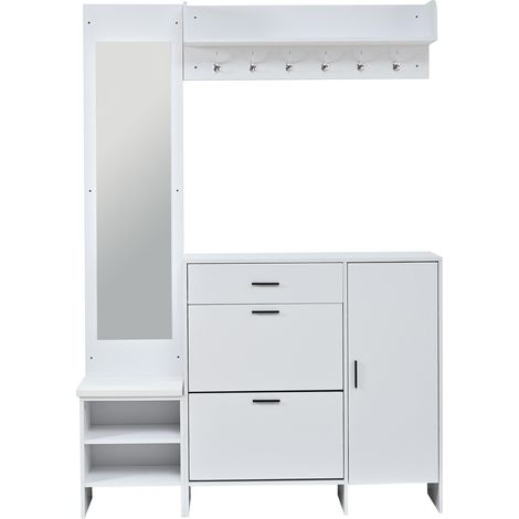 Armario recibidor con zapatero, espejo, banco y perchero 140x30x200 cm MDF blanco HOMVRA (1/5)