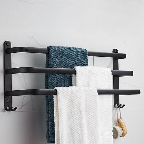 60cm Porte Serviette Murale Salle de Bain, Porte Serviette sur Pied Accessoire, sans Percages Noir (1/4)