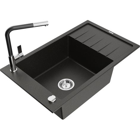 Mexen Elias lavello in granito a 1 vasca con scolapiatti e rubinetto cucina Flora, nero/oro metallico - 6511-75-670401-07 (1/5)