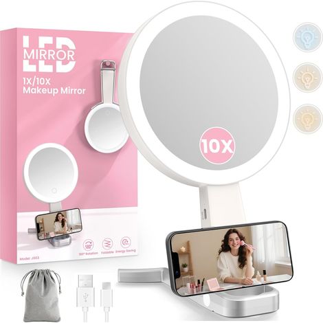Miroir Grossissant Lumineux 10X/1X Double Face Pliable Portable pour Voyage (1/5)