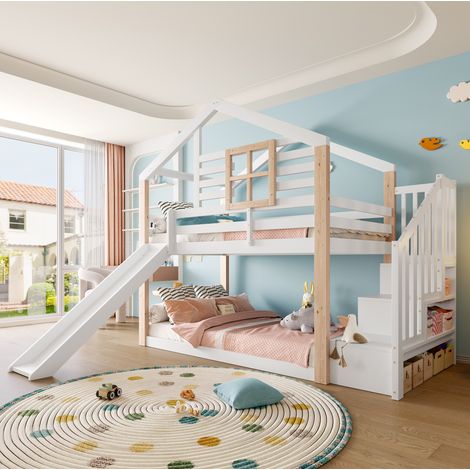 Lit mezzanine 90 x 200 cm cabane en bois blanc avec toboggan, escalier de rangement et sécurité enfant (1/5)