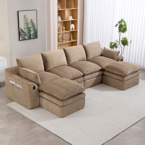 Sofá modular de 4 plazas de terciopelo acanalado (pana) con 2 pufs, cojines y 2 bolsillos laterales, marrón claro, 335x167x85 cm