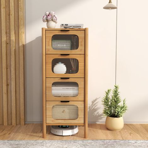 Commode à 4 Tiroirs Armoire de Rangement en Bambou avec Tiroirs en Verre Trempé Rayé Meuble de Rangement de Style Moderne Naturel (1/3)