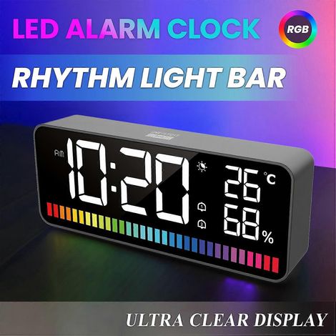 LED-Wecker mit Rhythmus-Lichtleiste, Nachtlicht, Digitaluhr, großem Display, Temperatur- und Luftfeuchtigkeitsanzeige