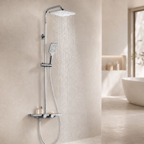 Colonne de Douche Thermostatique avec Étagère Intégrée, Hauteur Réglable 1000–1240 mm, Jet Cascade, Douchette 3 Jets, Ensemble de Douche en Laiton (1/5)